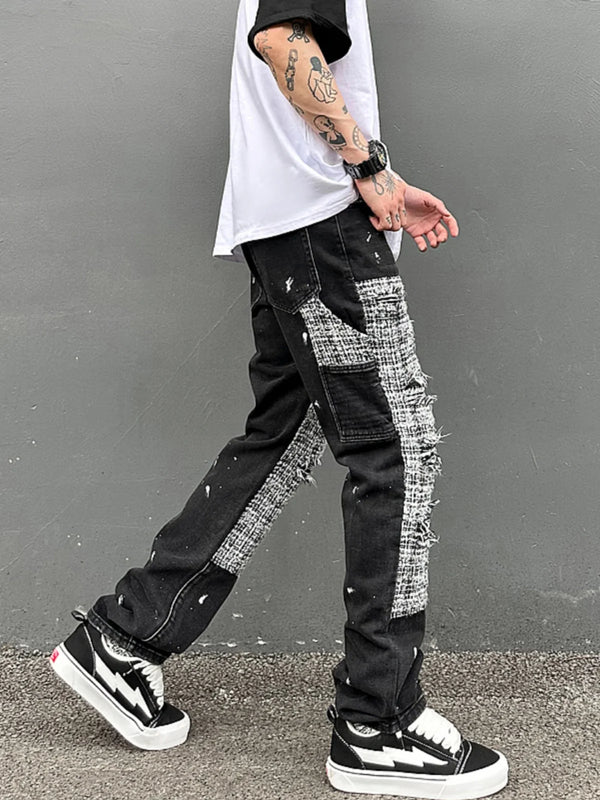 ripped holes patchwork denim jeans mens high street zipper straight jeans hip hop streetwear casual loose joggers jeans pants casual joggers