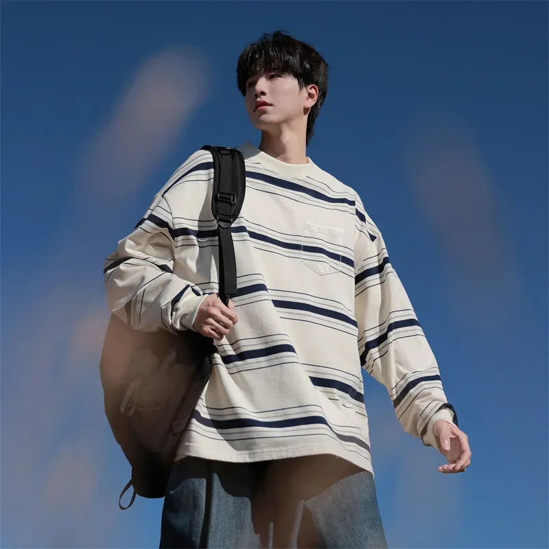Aesthetic Zip Knit Outerwear – Autumn Japanese Retro Striped Sweatshirts For Men And Women Y2K Streetwear Crewneck Long Sleeve T Shirts Casual Pocket Knit Tops | Zip Knit Drop #50