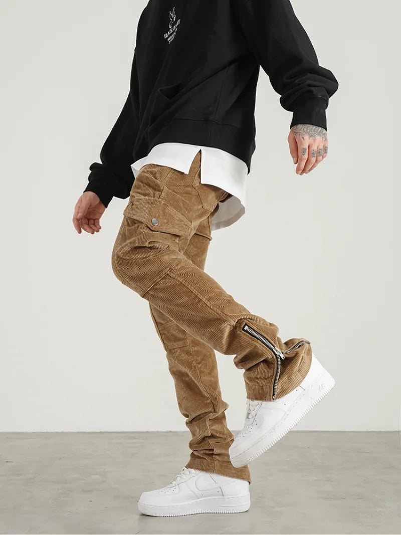 mens corduroy cargo pants new casual hip hop side pockets skinny trousers streetwear bottom zipper fashion slim fit pant joggers relaxed fit joggers