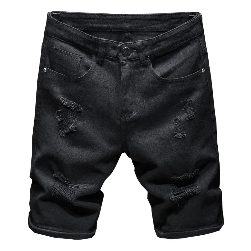new white jeans shorts men fashion ripped knee length pants simple casual slim hole denim shorts male streetwear unique jeans style 1194