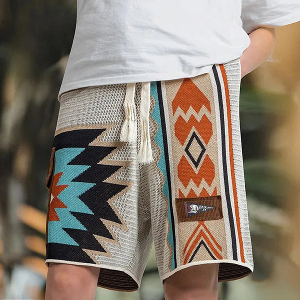 mens casual cargo shorts summer american retro knitted shorts contrast color embroidery geometric beach five point casual pants military streetwear pants