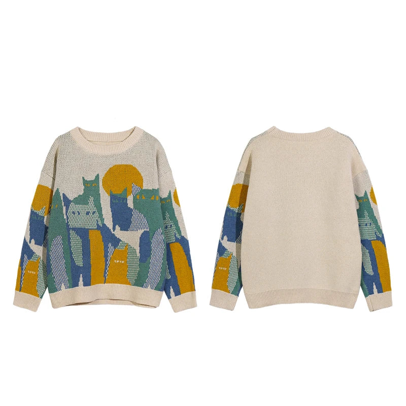 mens streetwear sweater retro vintage cats pattern hip hop knitted sweater pullover 2023 casual cotton sweater unisex clothes - oversized streetwear hoodie, urban fashion pullover, high quality cotton hoodie