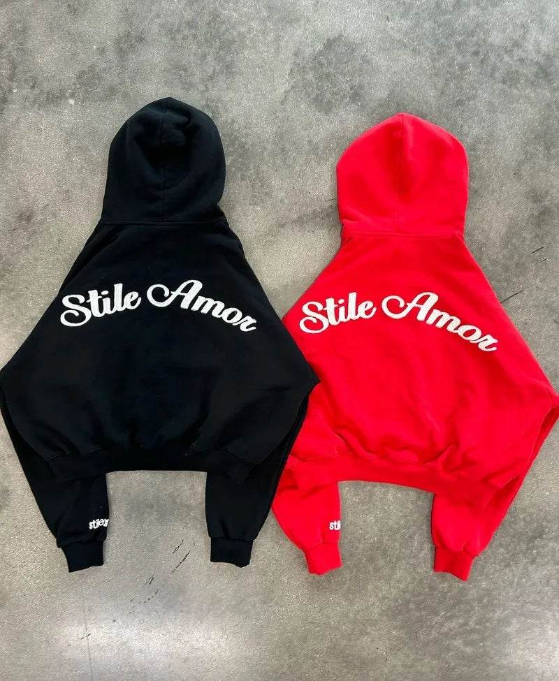 American Retro Cartoon Print Oversized Hoodie Men Y2K Trendy Brand Hig