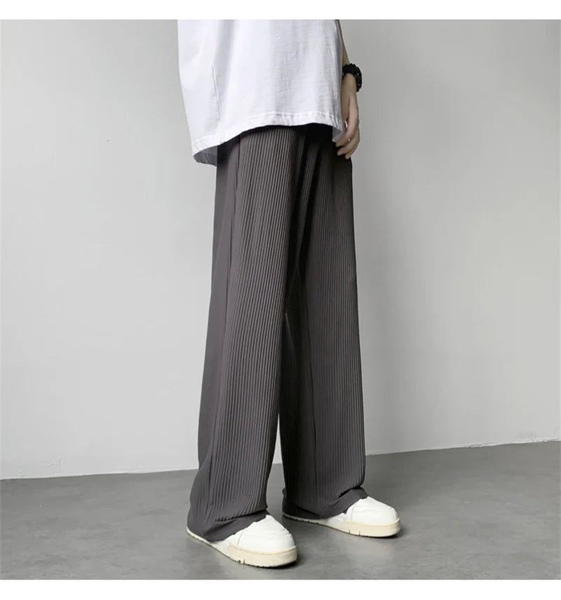 summer texture straight pants for men korean fashion baggy wide leg trousers casual drape pleated striped y2k pantalones hombre unique default style 494