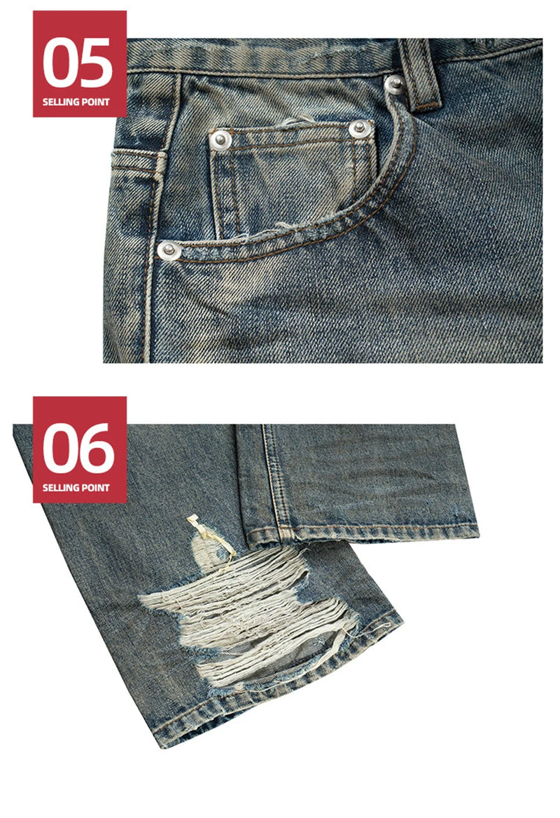 hi street vintage baggy jeans men retro blue loose straight denim pants distressed ripped dirty jeans trouser hip hop streetwear unique jeans style 5984