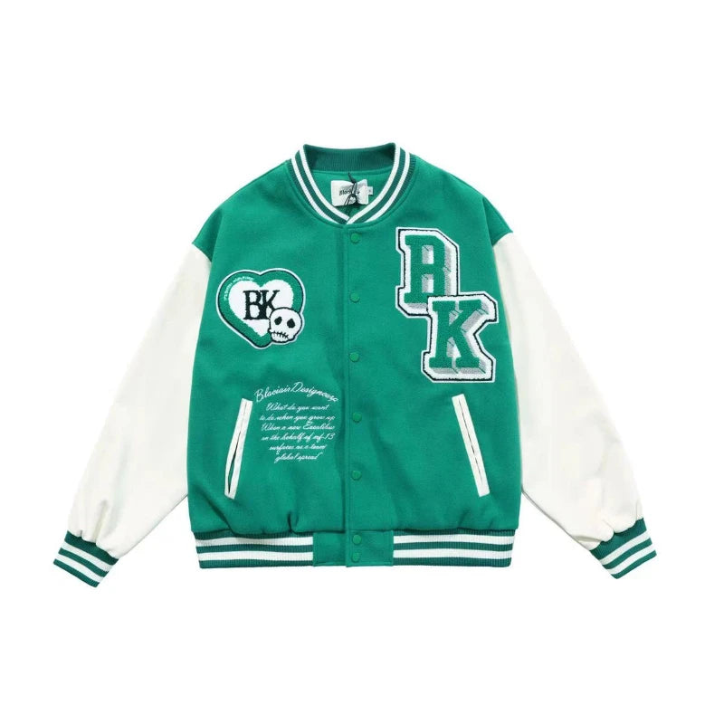 leather varsity jacket, fall winter fit, for men, fall streetwear outfit, oversized style, layered fashion, modern aesthetic, graphic detail