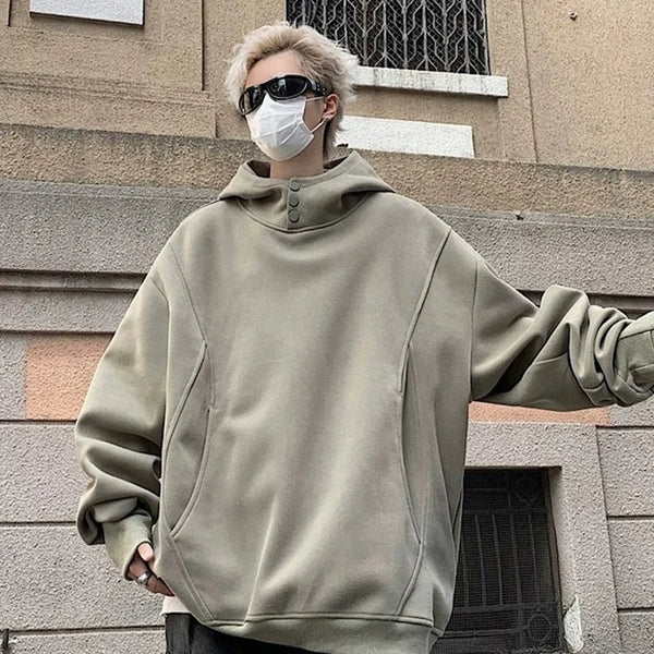 New Retro Button Neck Hooded Sweatshirts For Men Autumn Fleece Y2K Vintage Hoodies Hip Hop Fashion Streetwear Pullover Hoodie
