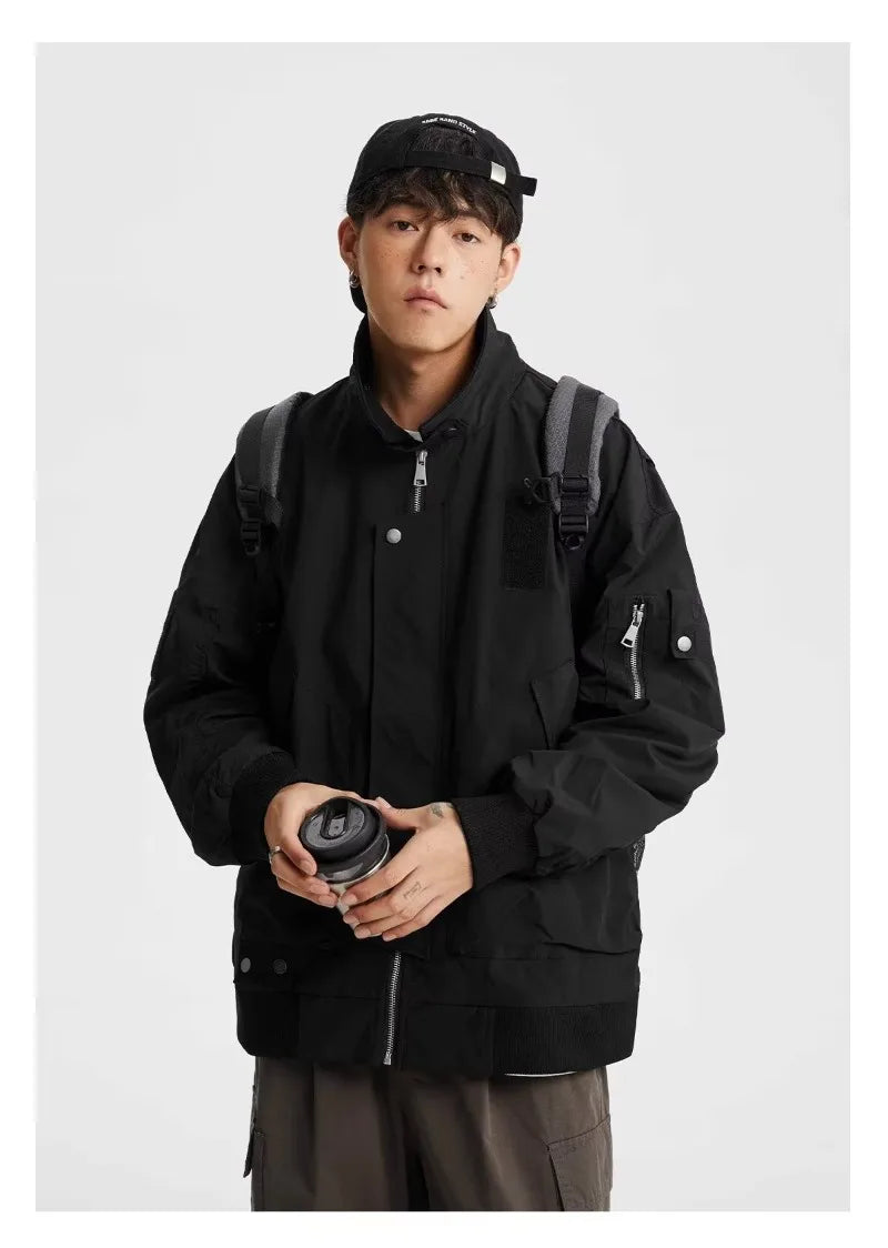 techwear zip bomber, urban fashion, for men, fall streetwear outfit, oversized style, layered fashion, modern aesthetic, graphic detail