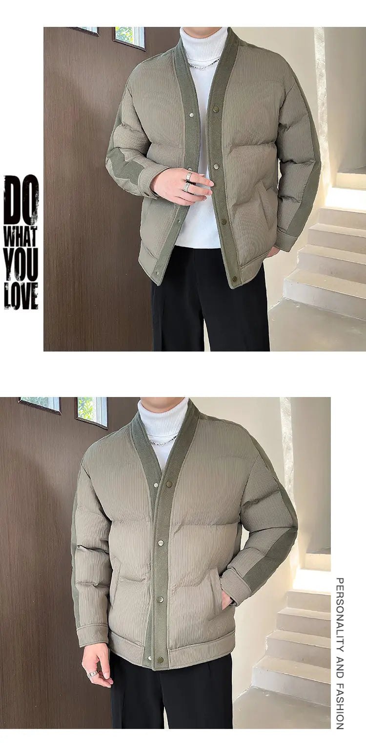 Men's Winter Collarless Woolen Splice Cotton-padded Jacket Men Business Casual Fashion Loose Warm Parkas Coat Thicken Jacket