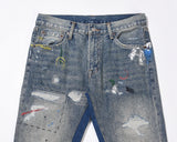 blue speckle ink washed destroyed flared jean pants hip hop graffiti ripped denim jeans for men streetwear vintage wide jeans unique jeans style 4458