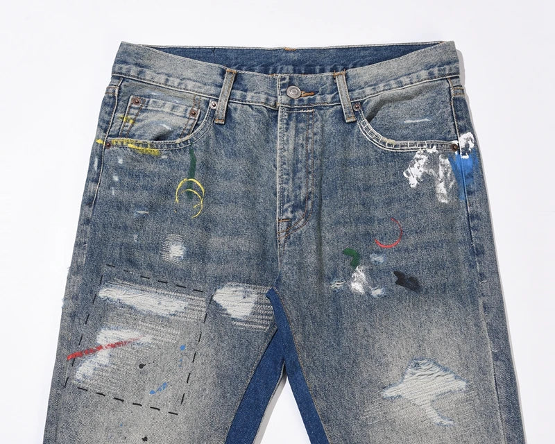 blue speckle ink washed destroyed flared jean pants hip hop graffiti ripped denim jeans for men streetwear vintage wide jeans unique jeans style 4458