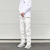 high street white knee pleated vertical stripe elastic fit skinny jeans male casual small leg jeans pants slim mens clothing stacked flare jeans