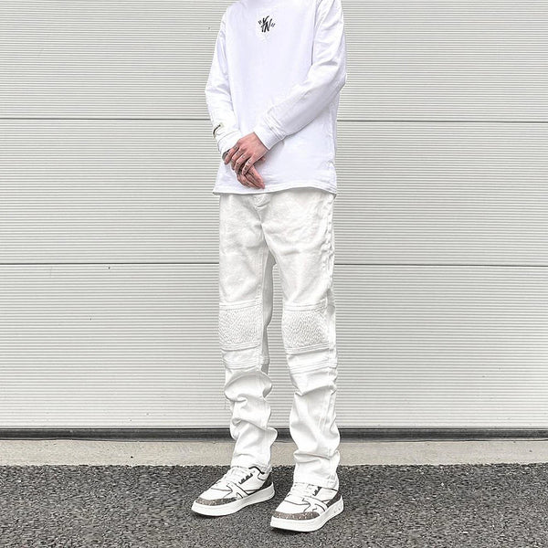 high street white knee pleated vertical stripe elastic fit skinny jeans male casual small leg jeans pants slim mens clothing stacked flare jeans