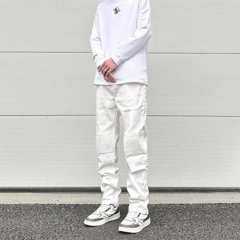 high street white knee pleated vertical stripe elastic fit skinny jeans male casual small leg jeans pants slim mens clothing stacked flare jeans