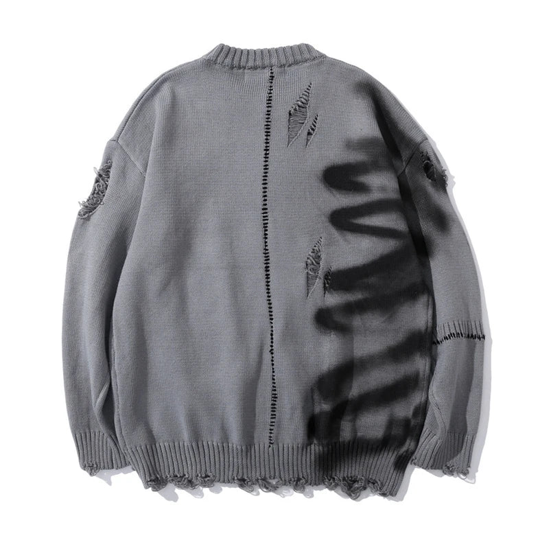 rainbowtouches luxury graffiti hip hop pullover hole oversize sweater men fashion vintage loose long sleeve harajuku sweater urban wear with bold artwork, Y2K vintage urban hoodie, high quality cotton pullover