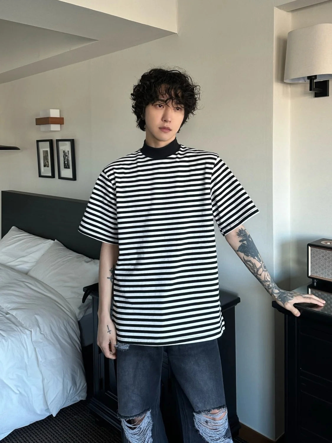 Cyberpunk Oversized shirt – Summer New Men Korean Style Loose Bottoming Shirt Black And