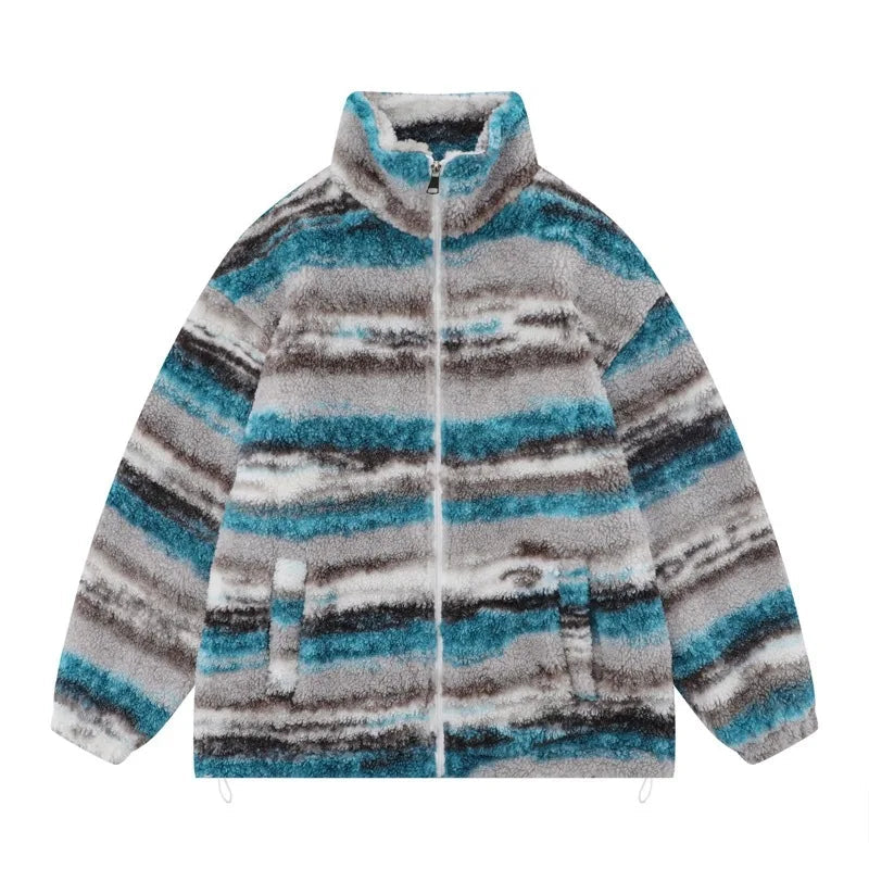 Trapwear Streetwear – Mens Casual Striped Fleece Jackets Coats New Hairy Stand – Streetwear Fashion for Men & Women