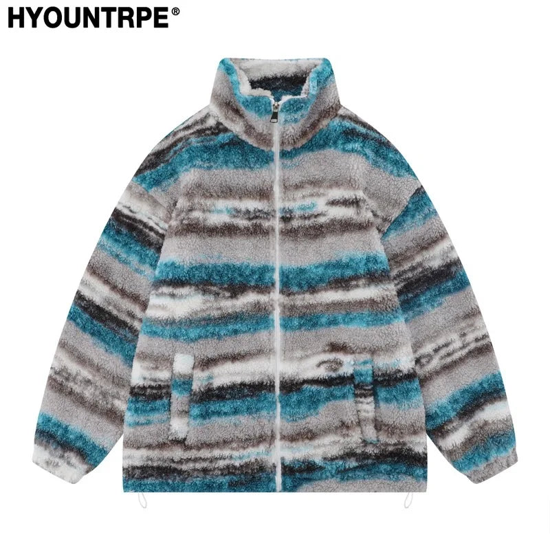 Trapwear Streetwear – Mens Casual Striped Fleece Jackets Coats New Hairy Stand – Streetwear Fashion for Men & Women