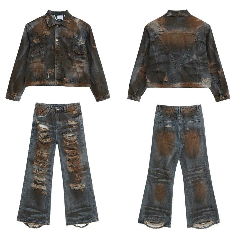 2 pieces sets mens dirty graffiti wide shouder denim jeans jacket coat and ripped holes wide legs pants joggers streetwear sets unique joggers style 4545