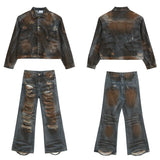 2 pieces sets mens dirty graffiti wide shouder denim jeans jacket coat and ripped holes wide legs pants joggers streetwear sets unique joggers style 4545