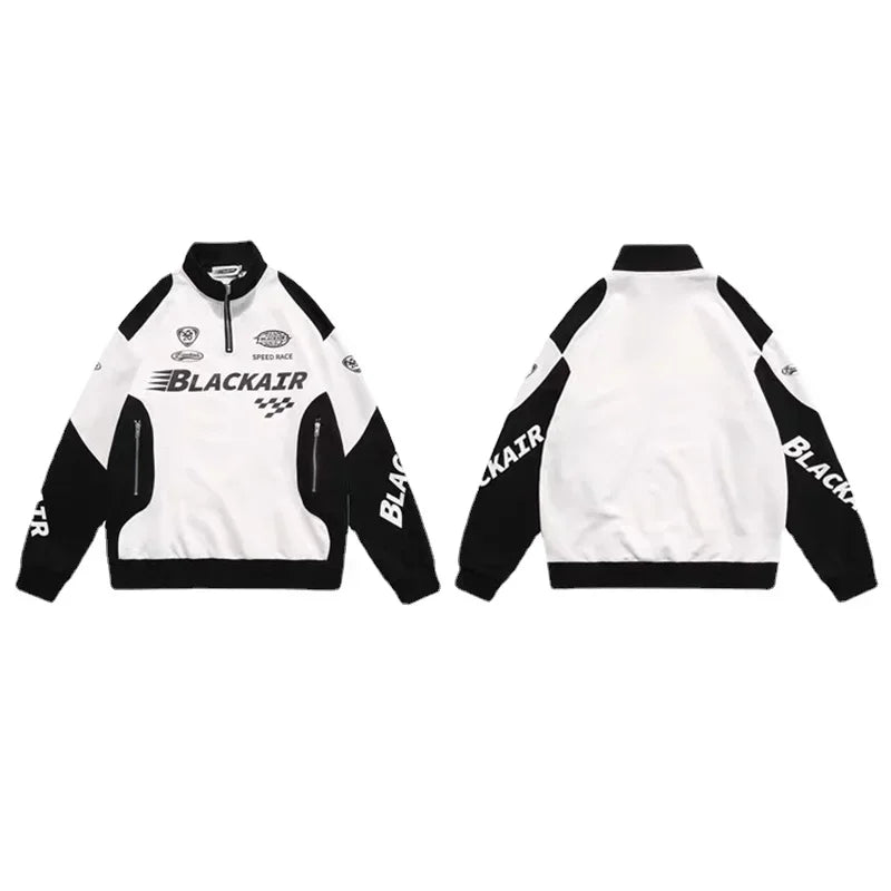 Retro Techwear Stand Collar Jacket Hip-hop Streetwear Half Zip Sweatshirt Letter Print Long-sleeved Patchwork Zipper Coat