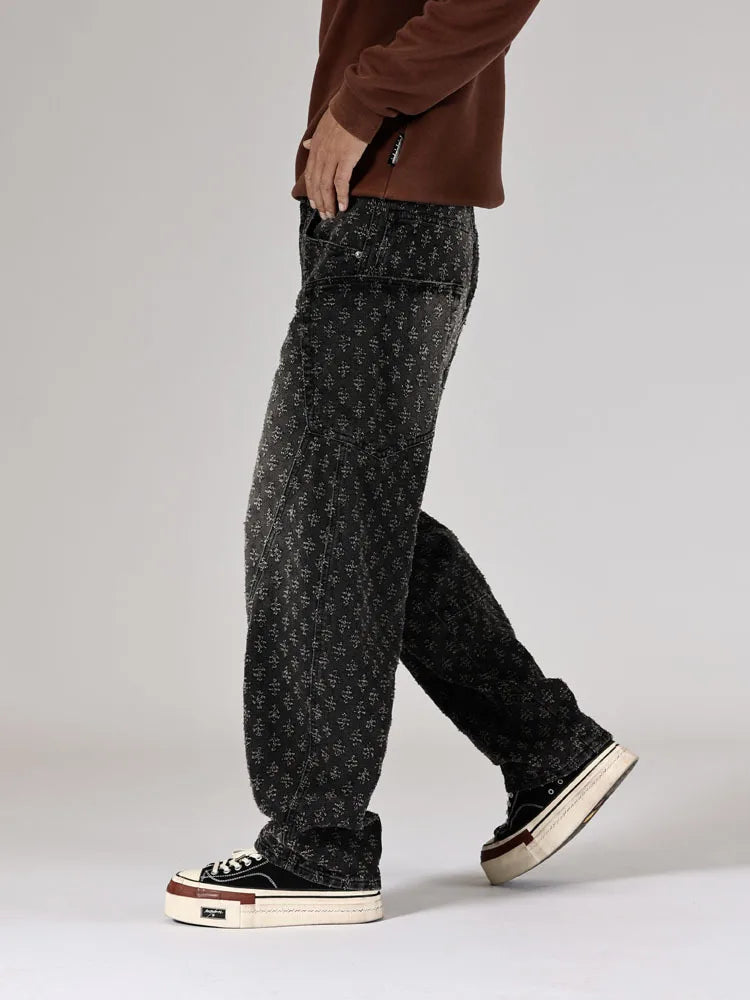 men brand fashion loose casual splice pocket jacquard vintage wide leg baggy jeans cityboy denim baggy jeans pants trousers unique jeans style 2978