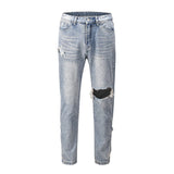 high street retro spotted ink contrast color flared jeans pants male wide leg plus size patchwork ripped denim trousers unique jeans style 105