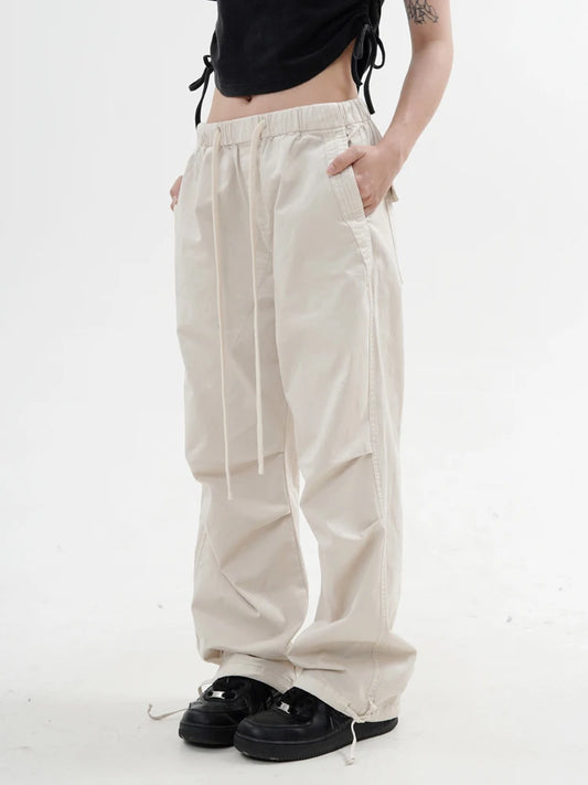 knee fold baggy pants unisex casual elastic waist straight trousers streetwear fashion drawstring women men hip hop y2k joggers streetwear sweatpants