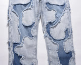 streetwear swag style blue frayed jeans pants for men retro washed ripped casual tapered denim trousers slim fit y2k jean male unique jeans style 67