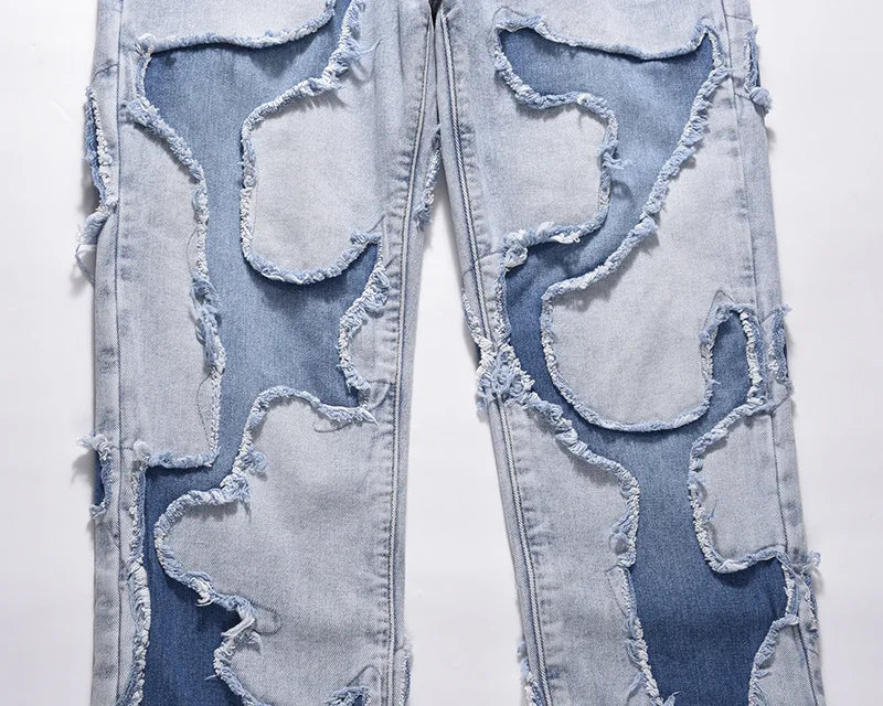 streetwear swag style blue frayed jeans pants for men retro washed ripped casual tapered denim trousers slim fit y2k jean male unique jeans style 67