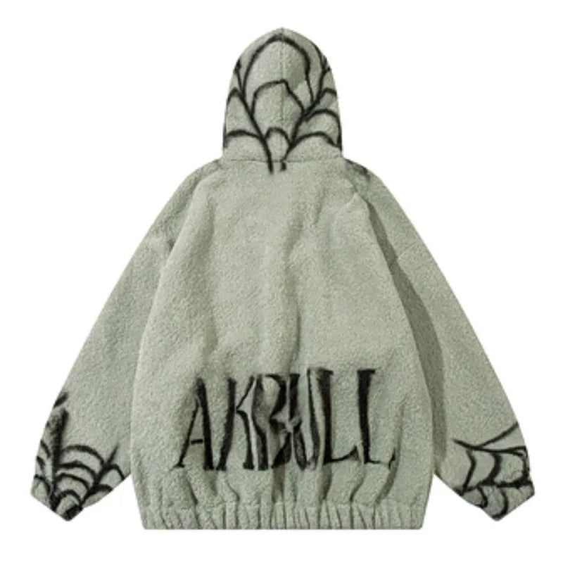 mens harajuku spider graffiti fleece jackets and coats hairy zipper hooded outerwear warm streetwear parkas loose bomber jack - variant style db80bf for streetwear fashion