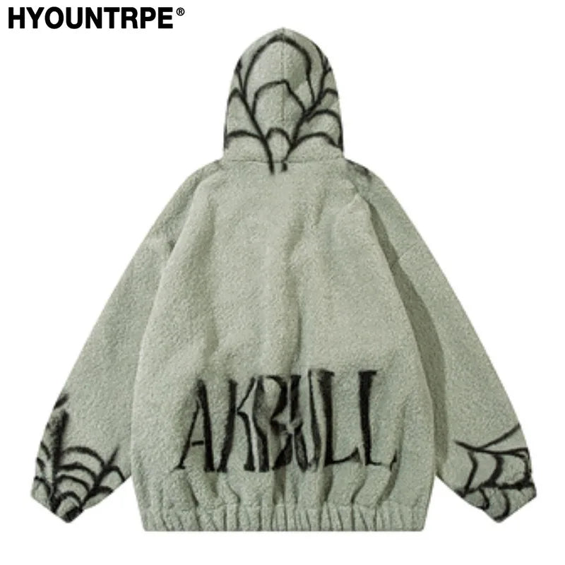 mens harajuku spider graffiti fleece jackets and coats hairy zipper hooded outerwear warm streetwear parkas loose bomber jack - variant style db80bf for streetwear fashion