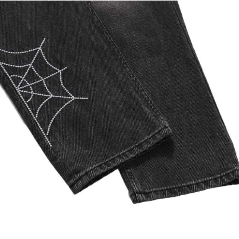 mens hip hop streetwear denim pants cobweb embroidery denim pants 2023 harajuku zipper cotton joggers jeans trousers harem pants unique joggers style 1940