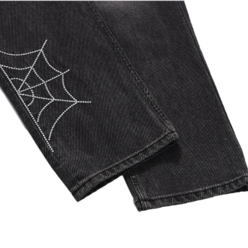 mens hip hop streetwear denim pants cobweb embroidery denim pants 2023 harajuku zipper cotton joggers jeans trousers harem pants unique joggers style 1927