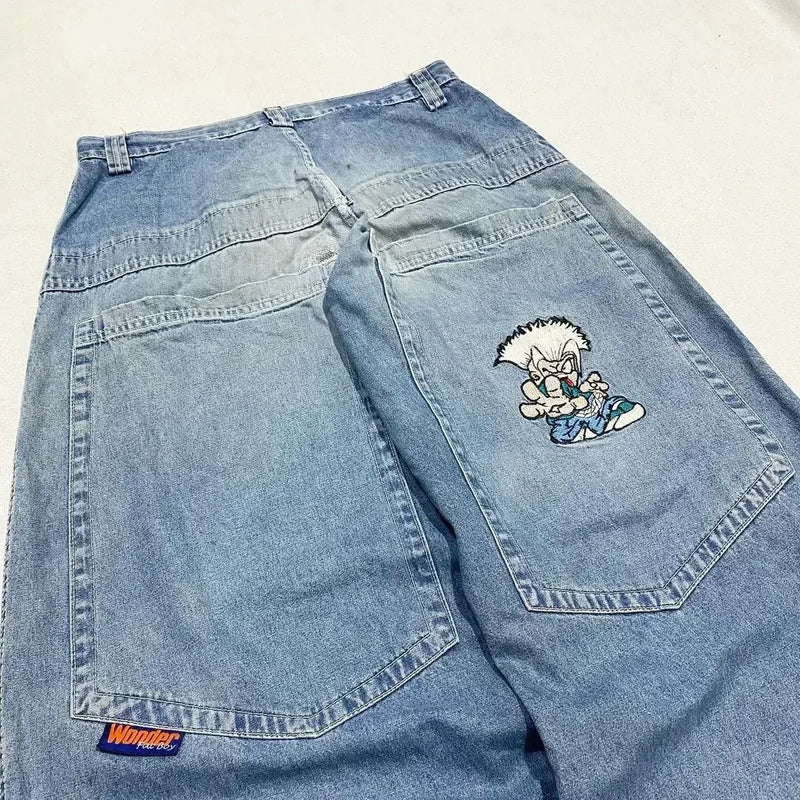 american y2k new fashion pattern embroidered spot straight jeans men street hip hop retro loose wide leg pants couple punk jeans unique jeans style 2916