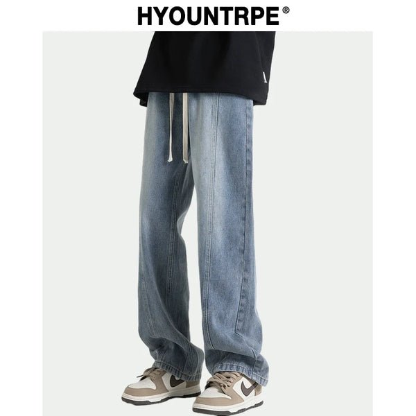 fashion loose streetwear denim pants unisex casual drewstring elastic waist jean pants hip hop trousers joggers mens baggy jeans casual joggers