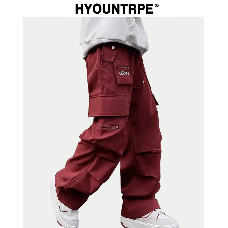 fashion loose streetwear cargo pant unisex casual multi pocket wide legs drewstring trousers hip hop joggers mens baggy pants streetwear sweatpants