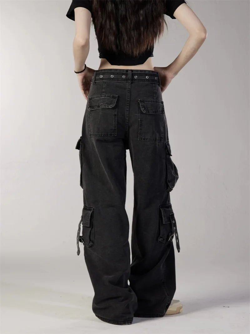 fashion loose streetwear cargo denim jeans unisex casual multi pocket straight jean pants with belt hip hop joggers baggy jeans casual joggers
