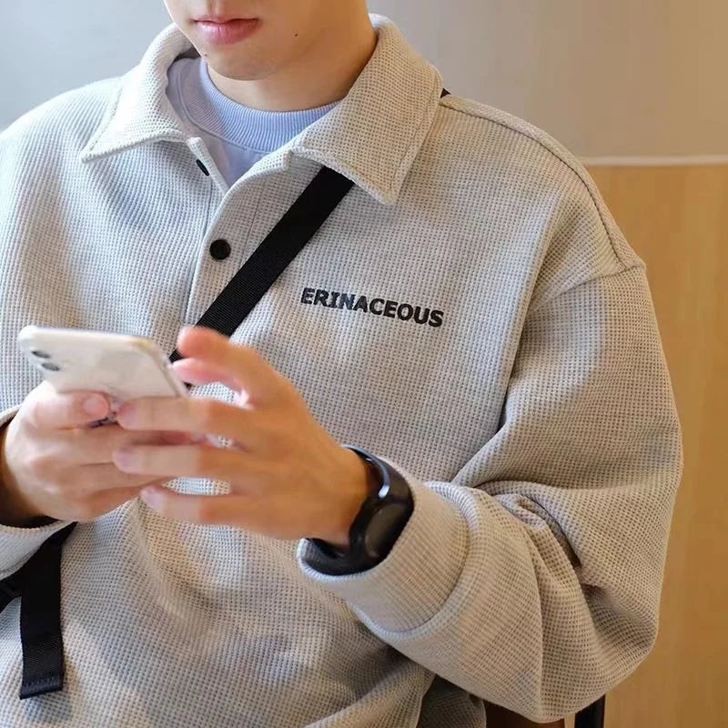 2025 Autumn Japanese Polo Sweatshirts Men Casual Waffle Turn-down Collar Sweatshirt High Street Long Sleeve Tops New in Hoodie