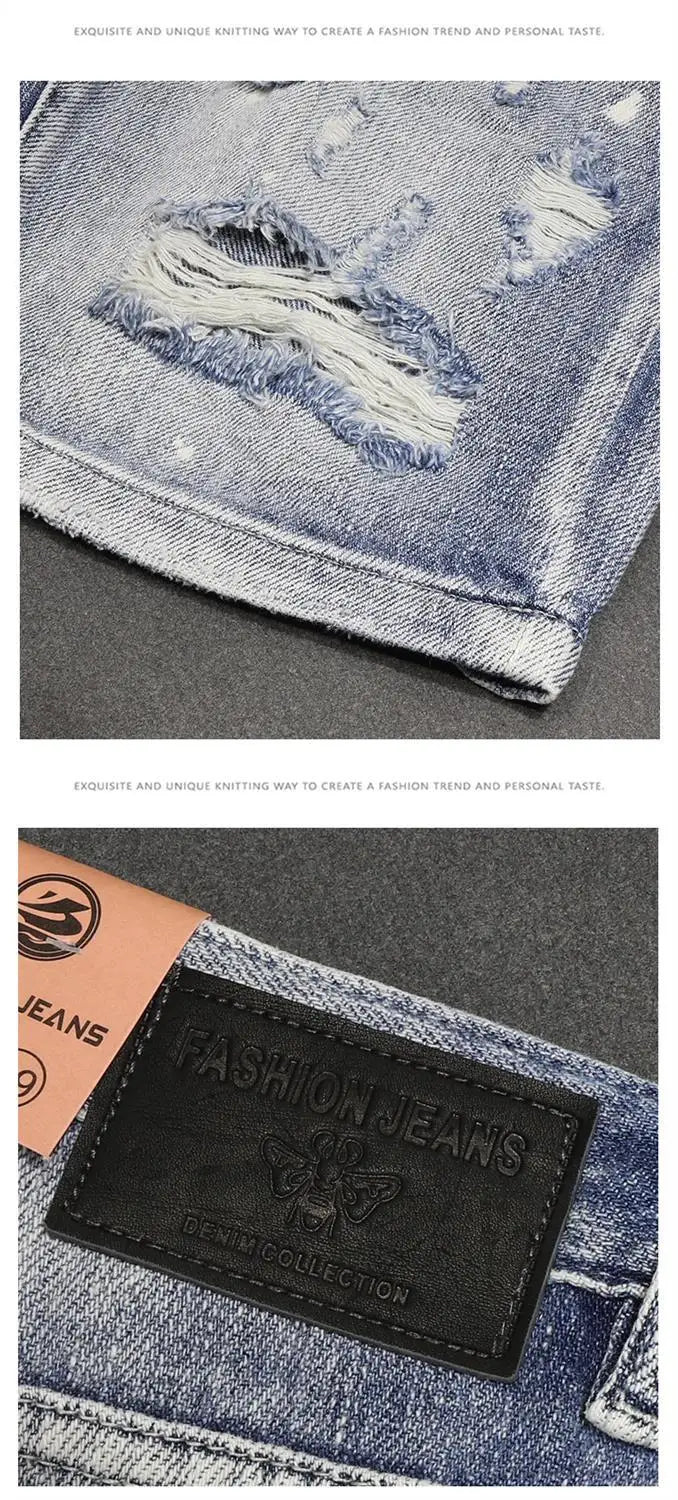 Light Blue Ripped Summer Denim Shorts Street Heavy Washed Destroyed Shorts Men