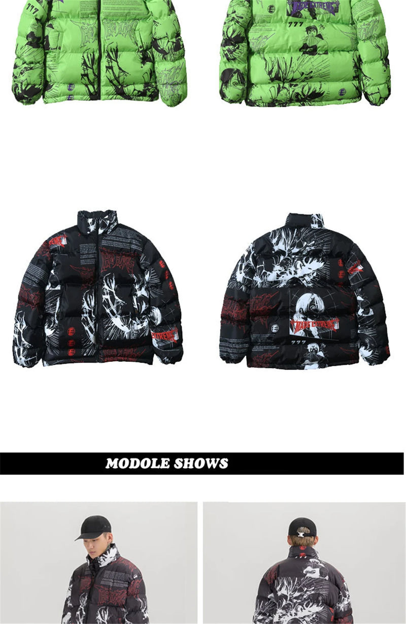 2023 Hip Hop Jacket Parka Men Anime Cartoon Graphic Padded Jacket Coat Warm Winter Streetwear Harajuku Puffer Jackets