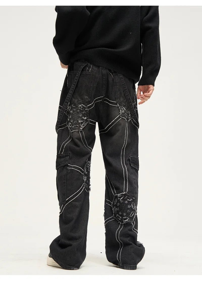 punk belt denim jeans pants women harajuku streetwear side pocket cotton men unisex casual baggy joggers straight pants trousers unique joggers style 4361