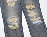 hole ripped retro straight spliced mens jeans streetwear washed pcoekts distressed denim trousers loose hip hop jean pants unique jeans style 531