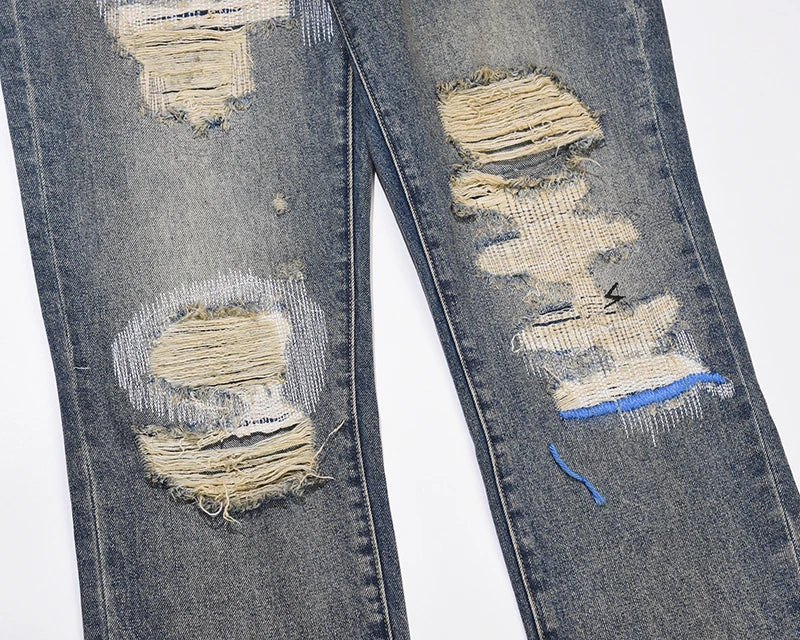 hole ripped retro straight spliced mens jeans streetwear washed pcoekts distressed denim trousers loose hip hop jean pants unique jeans style 531