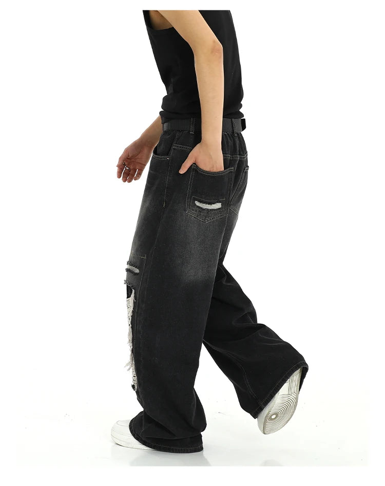 fashion ripped holes denim jeans harajuku patchwork straight jean trousers y2k trouser mens hip hop streetwear baggy jeans pants unique jeans style 4601