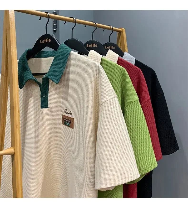 Hip Hop American Street Men and Women Trendy Personality Polo Shirt Short sleeved Summer Waffle Vintage Casual Tops harajuku y2k