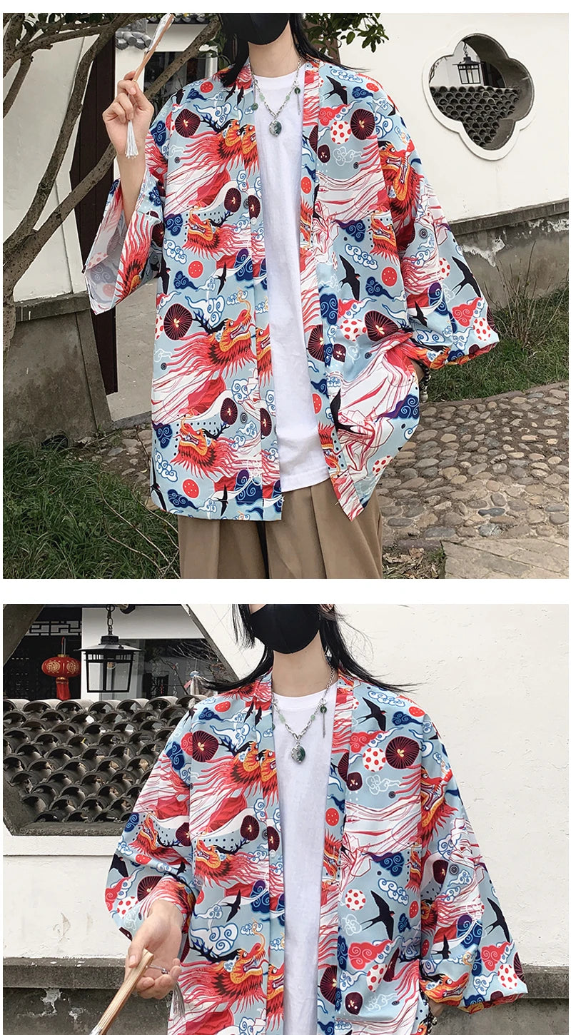 Japanese Style Men's Lightweight Kimono Jacket Dragon Print Kimono Cardigan New Arrival Street Shirt Harajuku Kimono Couple Tops