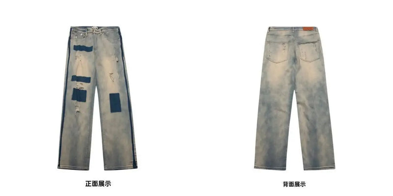 men and women trendy high street retro washed ripped color blocked jeans summer hip hop loose straight leg casual pants y2k unique jeans style 797