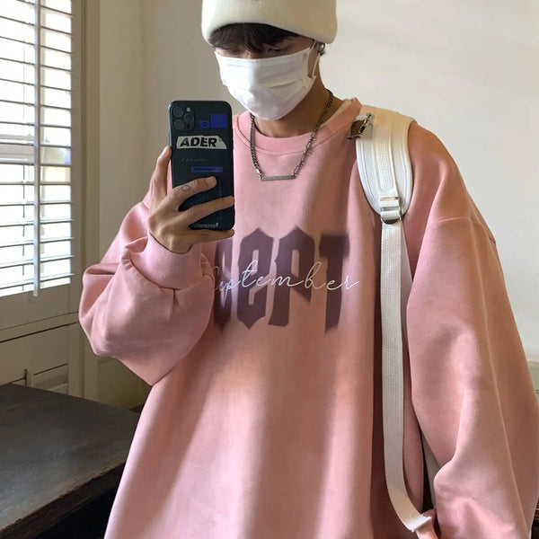 Suede Korean Trendy Round Neck Sweatshirt for Men American Retro Print Trendy Brand Autumn Loose Couple Wear Jacket Tops