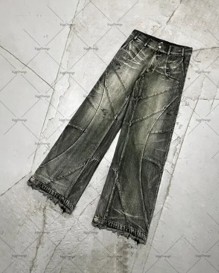 american gothic patchwork raw edge embroidered letter jeans mens street hip hop harajuku high waisted wide leg pants womens unique jeans style 1794